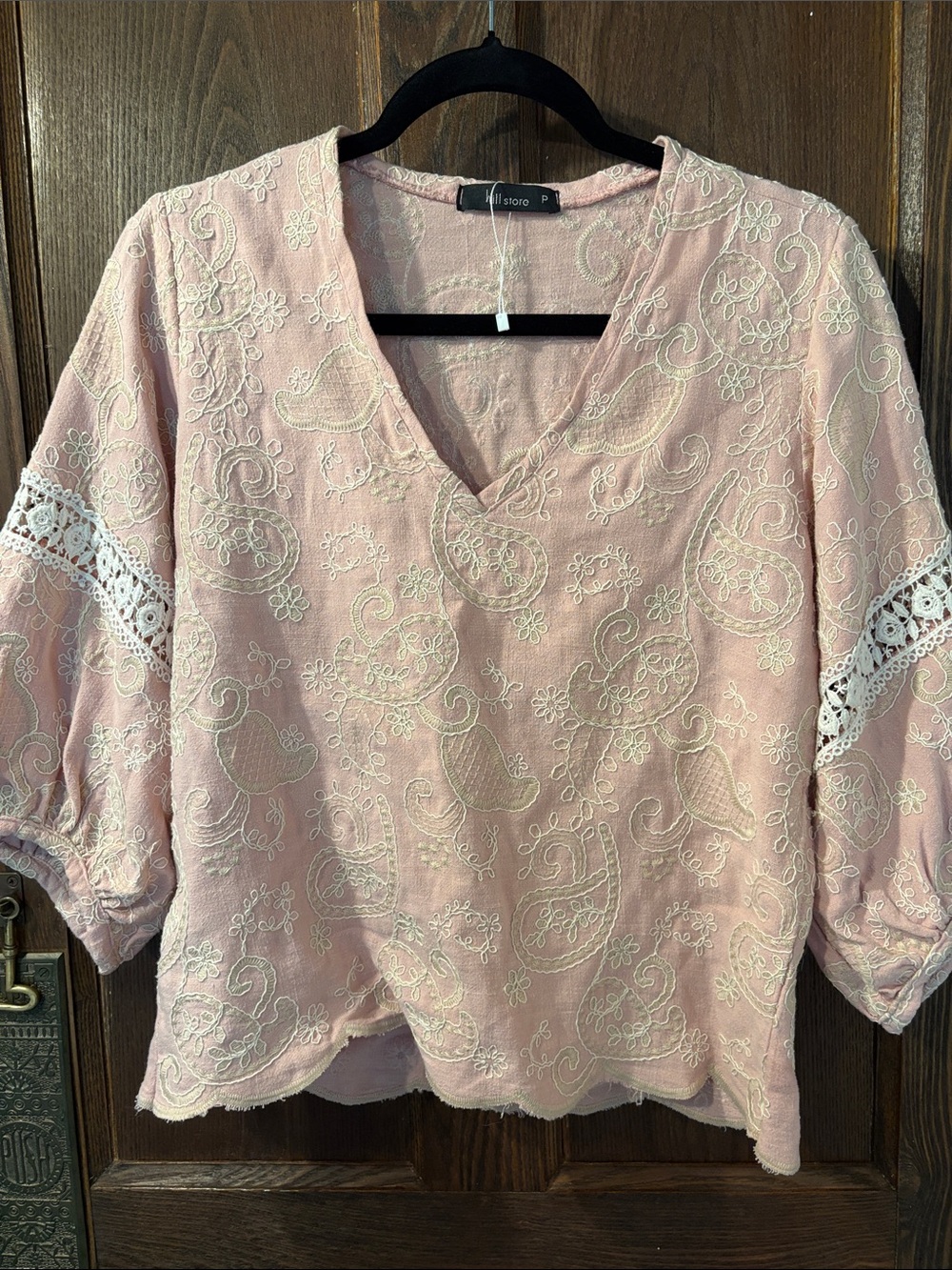 Embroidered V-Neck Pink Tunic Top with Lace Trim